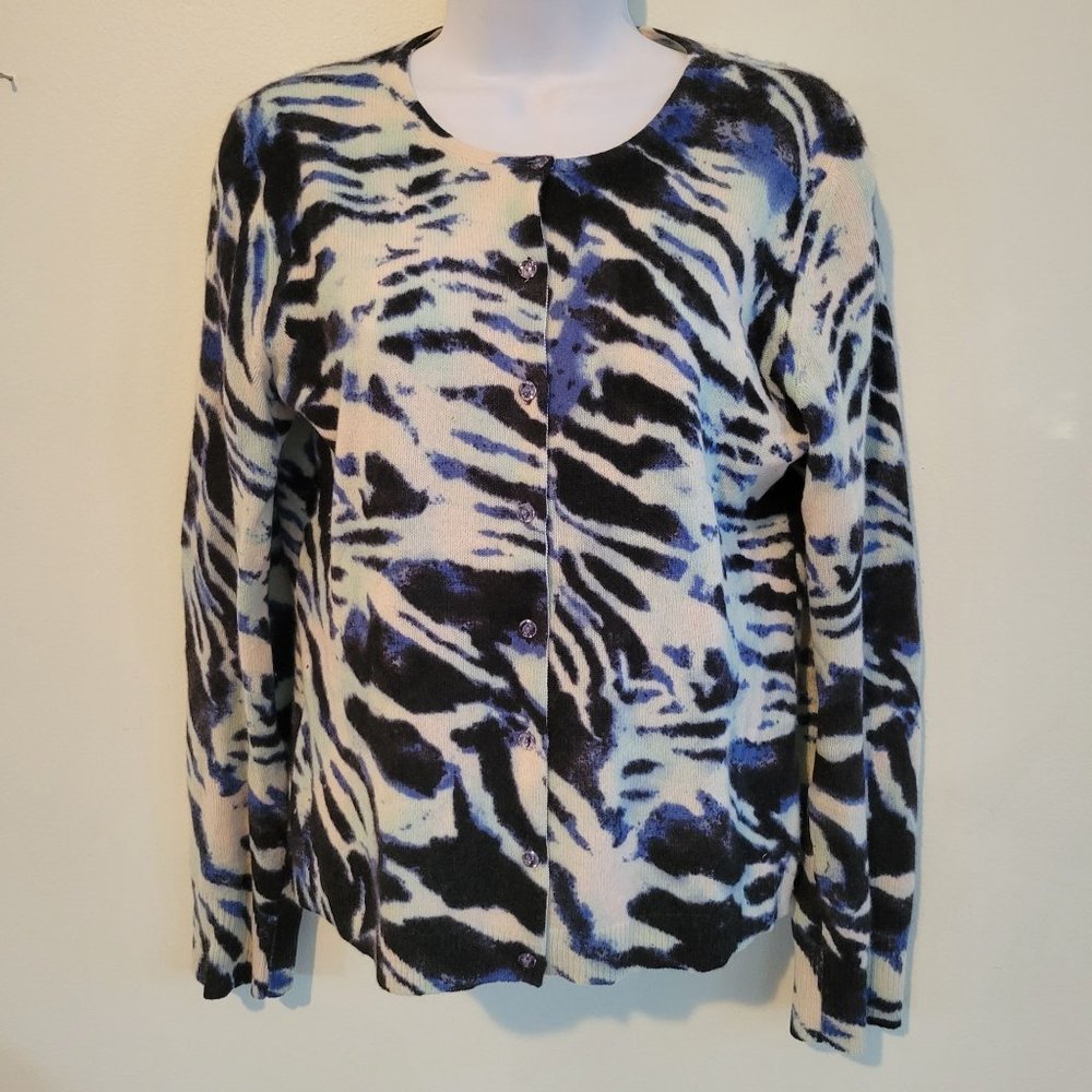 Madison M Cashmere Sweater‎ Cardigan Cozy Knit Animal Print HOLE
